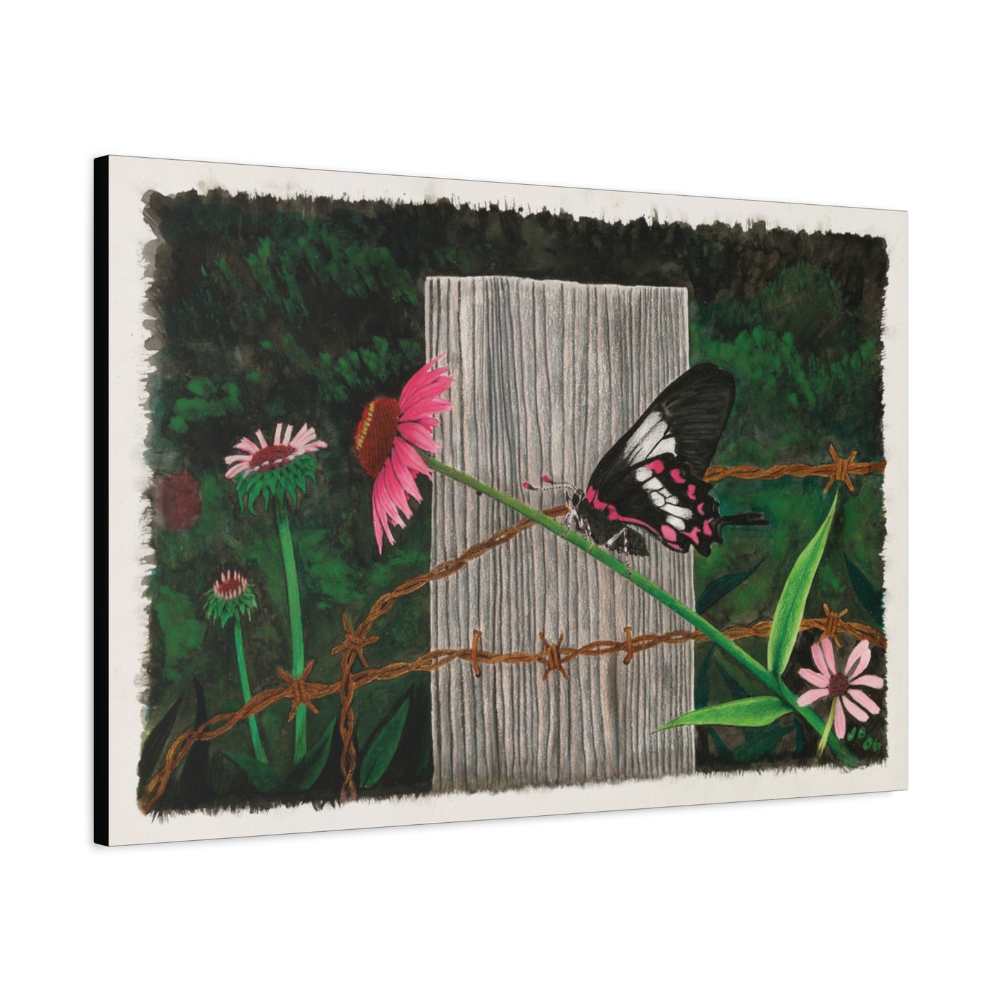 "Fence Post and Butterfly" Western art on canvas.