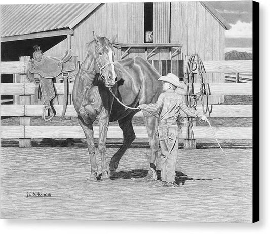 Tall Task For A Little Cowboy - Canvas Print