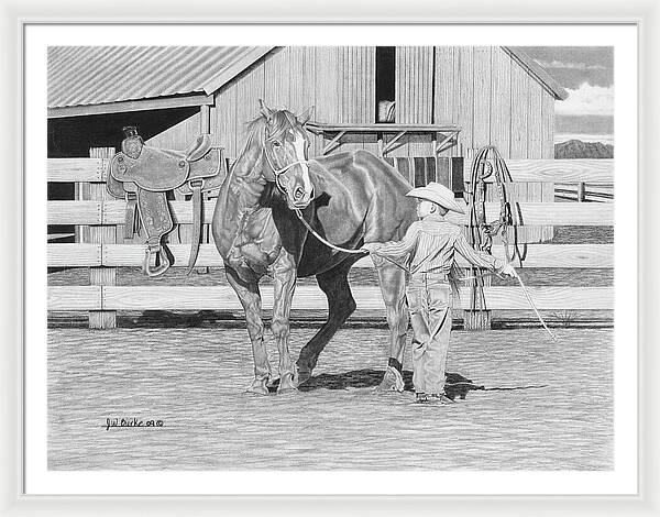 Tall Task For A Little Cowboy - Framed Print
