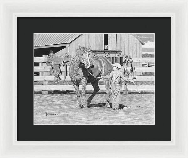 Tall Task For A Little Cowboy - Framed Print