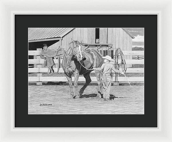Tall Task For A Little Cowboy - Framed Print