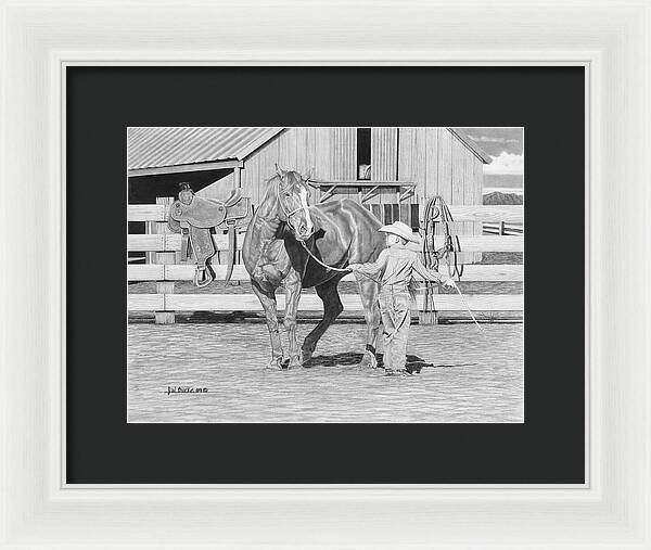 Tall Task For A Little Cowboy - Framed Print