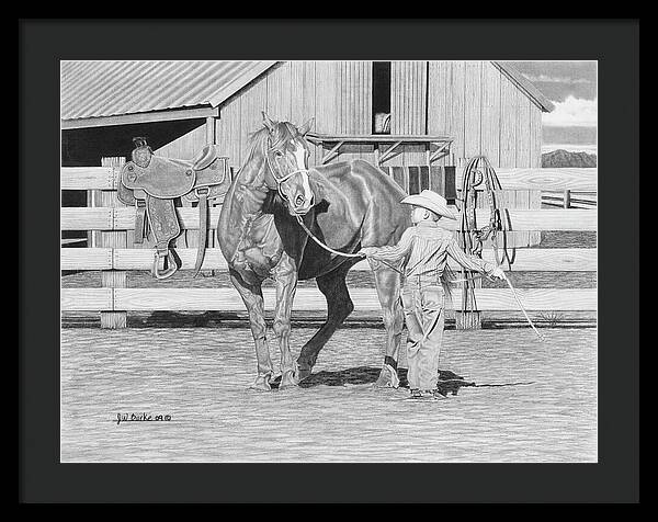 Tall Task For A Little Cowboy - Framed Print