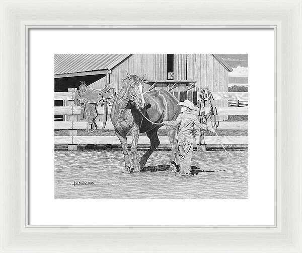 Tall Task For A Little Cowboy - Framed Print