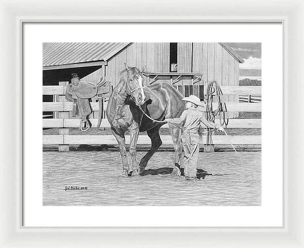 Tall Task For A Little Cowboy - Framed Print