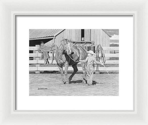 Tall Task For A Little Cowboy - Framed Print