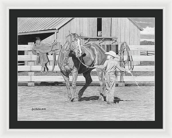 Tall Task For A Little Cowboy - Framed Print