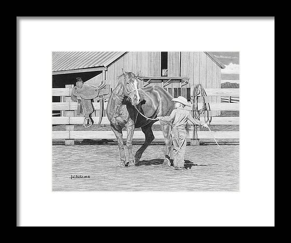 Tall Task For A Little Cowboy - Framed Print