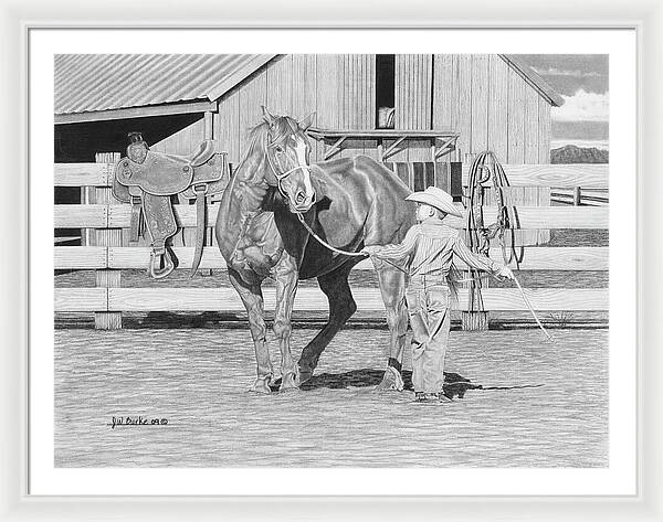 Tall Task For A Little Cowboy - Framed Print
