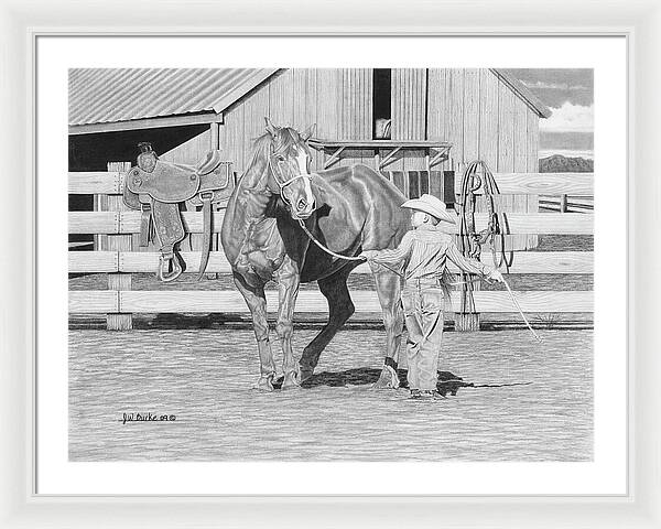 Tall Task For A Little Cowboy - Framed Print