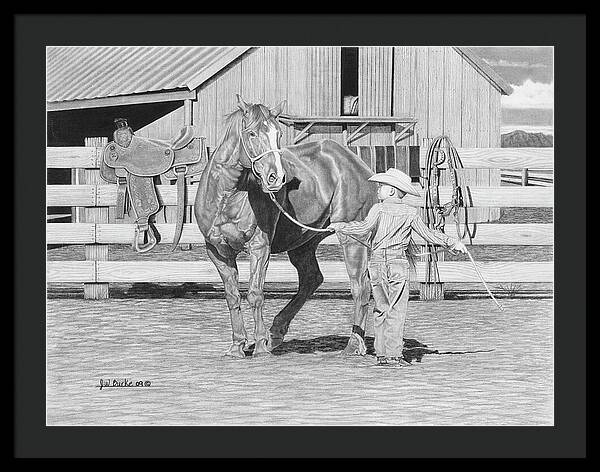 Tall Task For A Little Cowboy - Framed Print