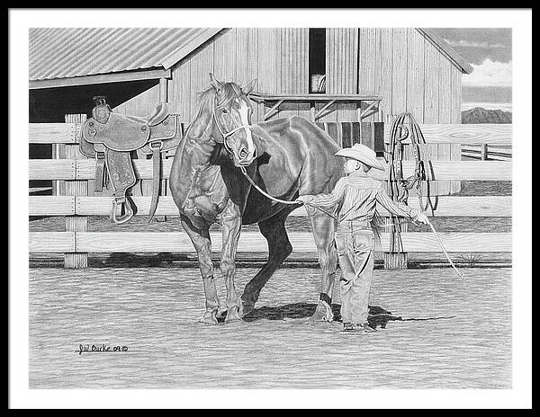 Tall Task For A Little Cowboy - Framed Print