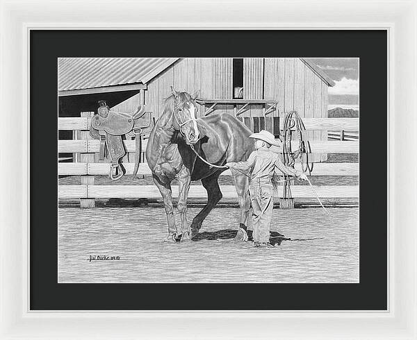 Tall Task For A Little Cowboy - Framed Print