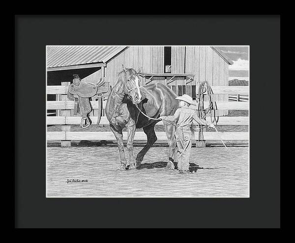 Tall Task For A Little Cowboy - Framed Print