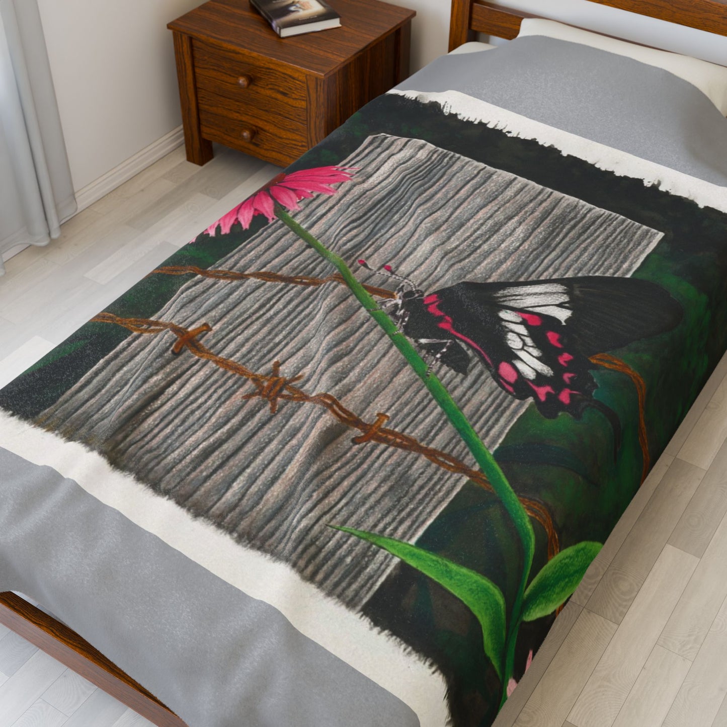 "Fence Post and Buterfly"  Cozy Cowboy Velveteen Plush Blanket | Western Decor, Gift for Horse Lovers, Camping Blanket, Soft Throw, Farmhouse Style