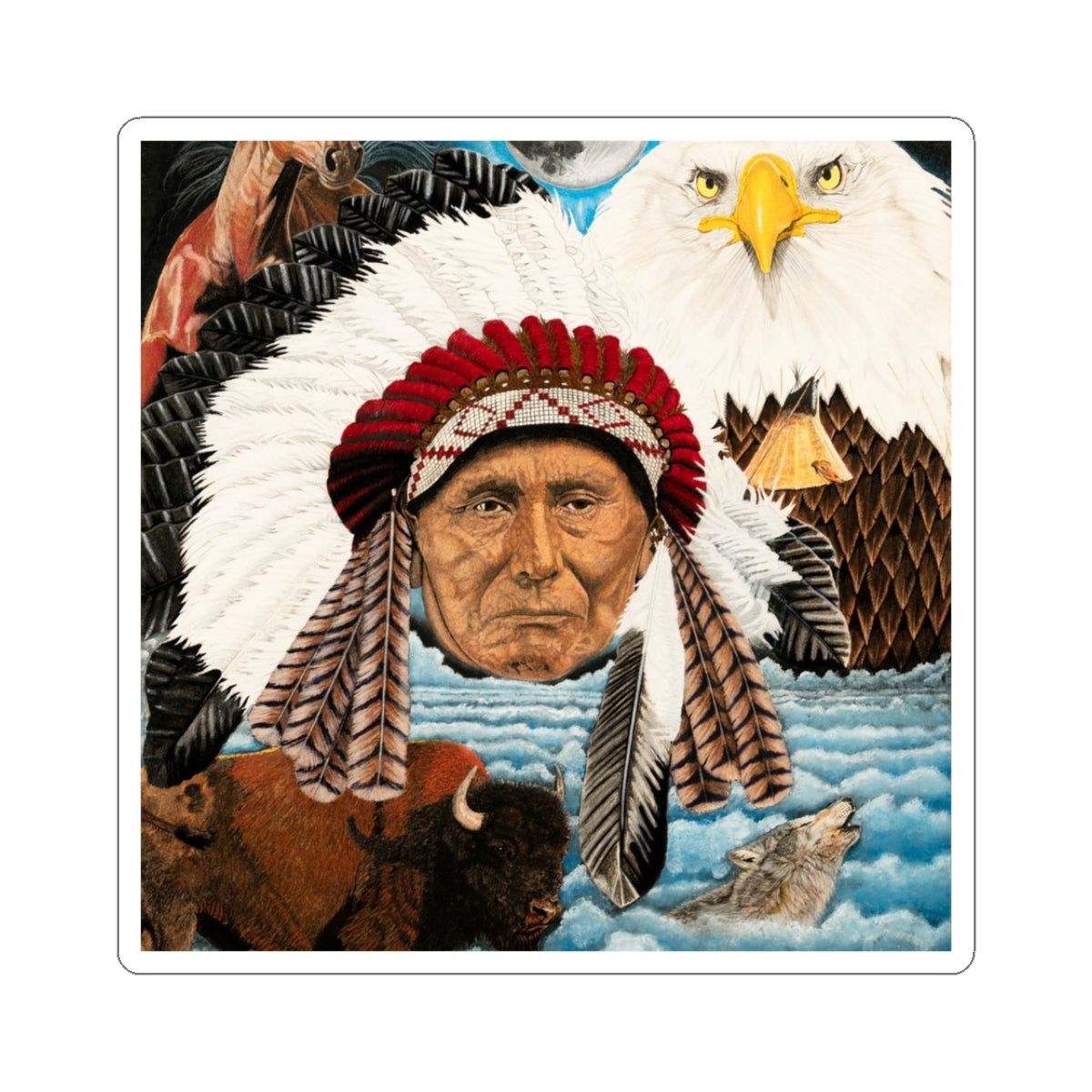 Native American Chief Sticker — Eagle, Buffalo & Spirit Nature Kiss-Cut Decal