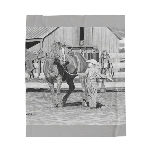 "Tall Task for a Little Cowboy " Cozy Cowboy Velveteen Plush Blanket | Western Decor, Gift for Horse Lovers, Camping Blanket, Soft Throw, Farmhouse Style