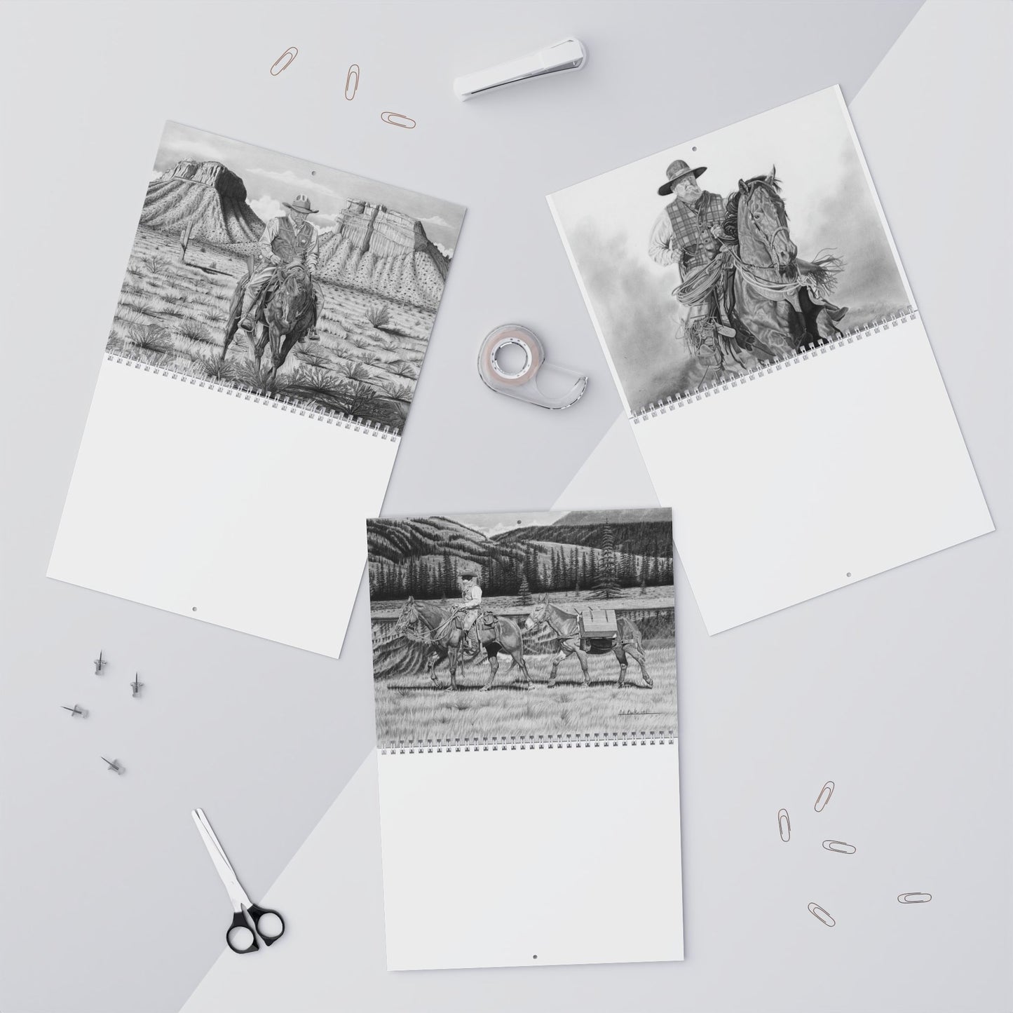 Western Cowboy Sketches Wall Calendar 2026, Horse Ranch Art Calendar