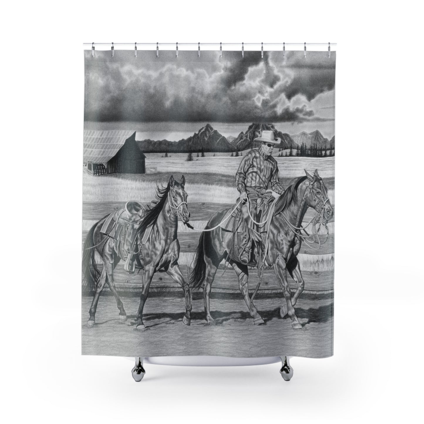 The Gift named Storm Shower Curtain — Western Ranch Black-and-White Bathroom Decor