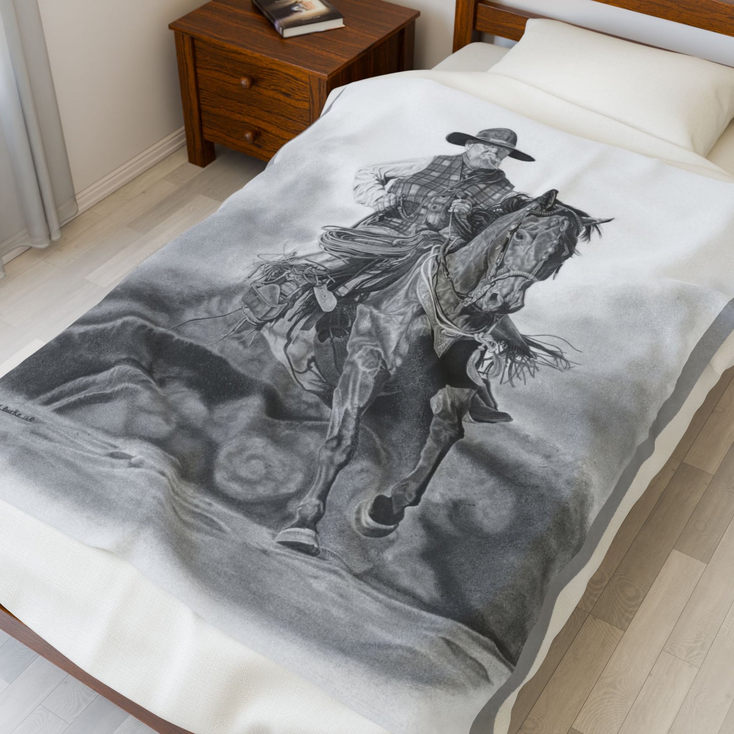 "Trouble Up Ahead"  Cozy Cowboy Velveteen Plush Blanket | Western Decor, Gift for Horse Lovers, Camping Blanket, Soft Throw, Farmhouse Style