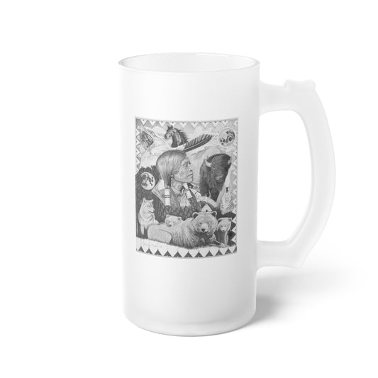 "Two Moon Apache Dream" Frosted Glass Beer Mug with Vintage Art, Unique Gift for Beer Lovers, Perfect for Home or Bar, Great for Celebrations, Customizable