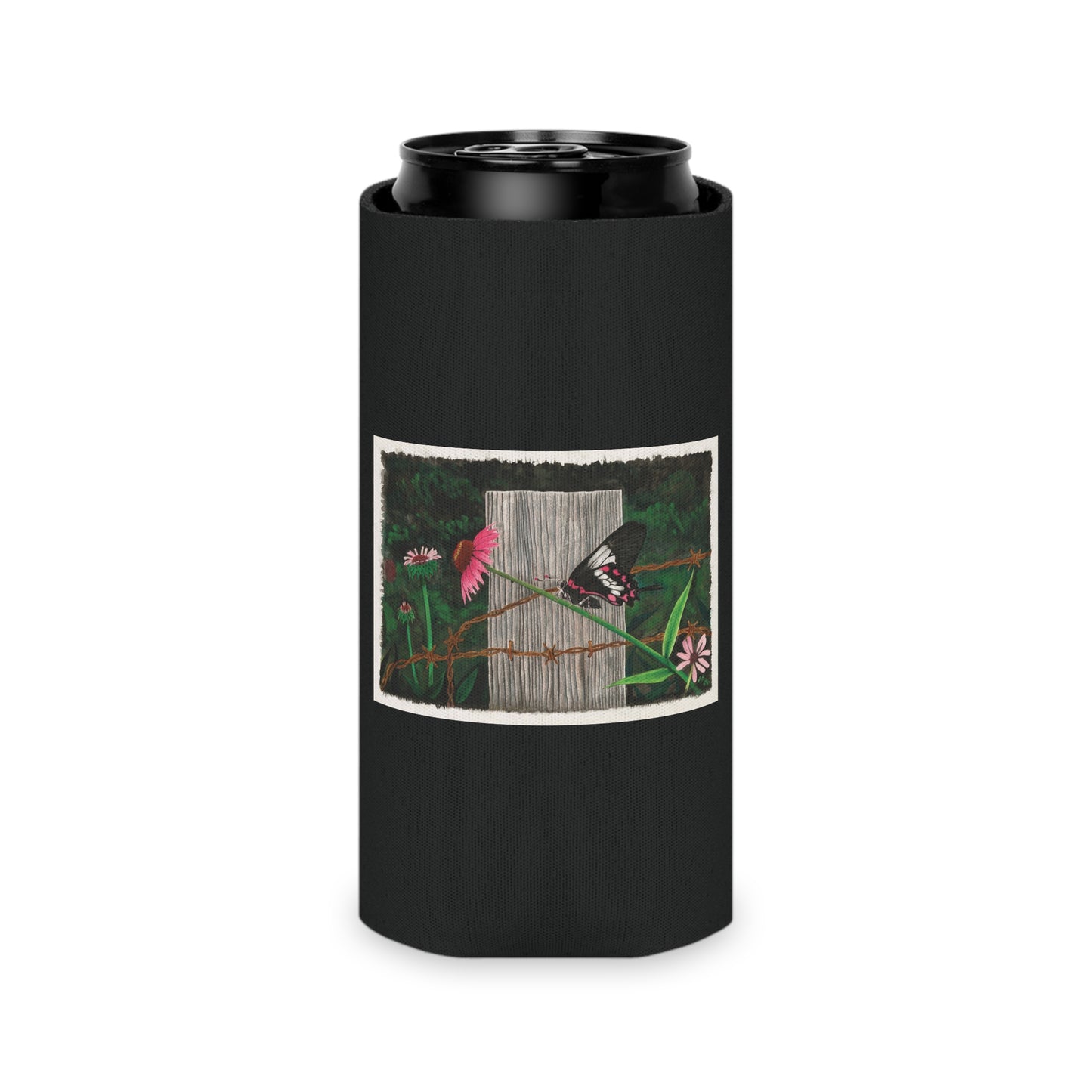 "Fence Post and Butterfly"   ,Rustic Cowboy Can Cooler, Western Beverage Sleeve, Outdoor Party Gear, Country-Themed Drink Holder, Ideal for BBQs & Tailgates