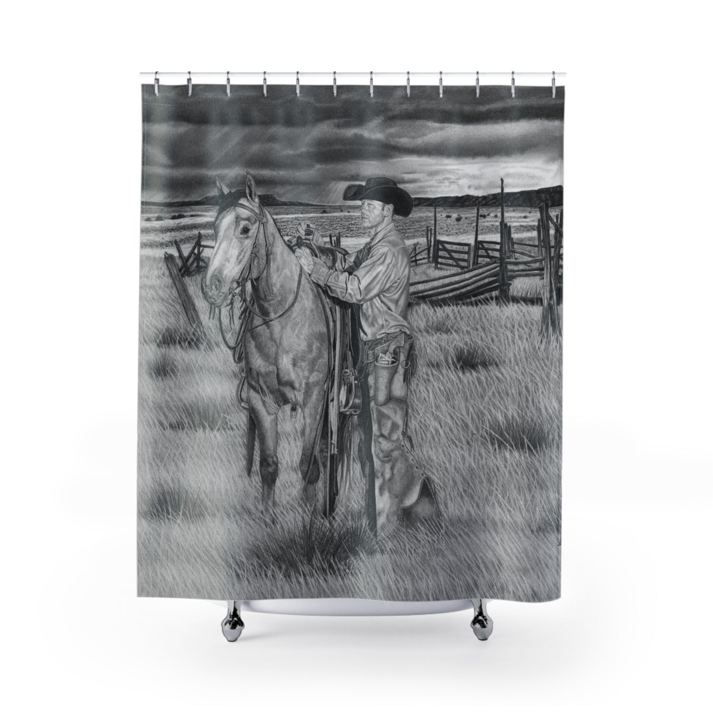 The Coming Storm  Shower Curtain — Western Ranch Black-and-White Bathroom Decor