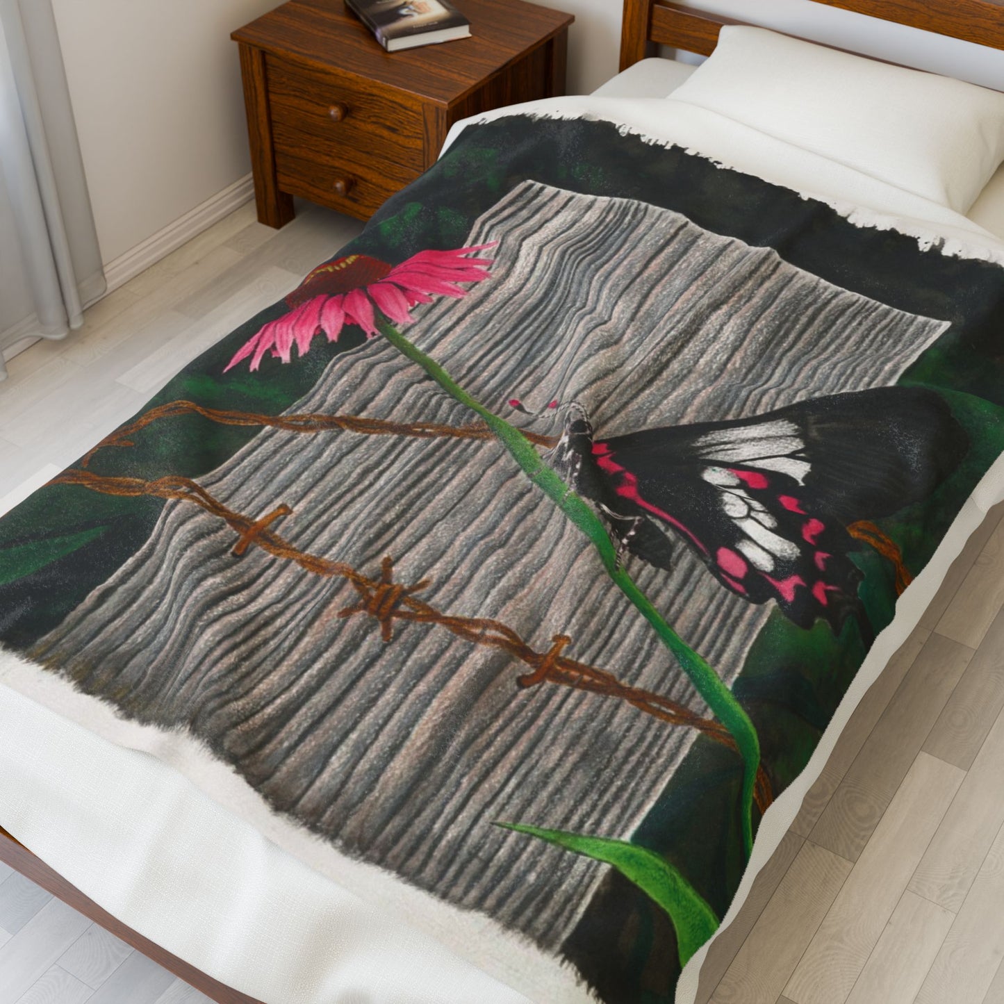 "Fence Post and Buterfly"  Cozy Cowboy Velveteen Plush Blanket | Western Decor, Gift for Horse Lovers, Camping Blanket, Soft Throw, Farmhouse Style