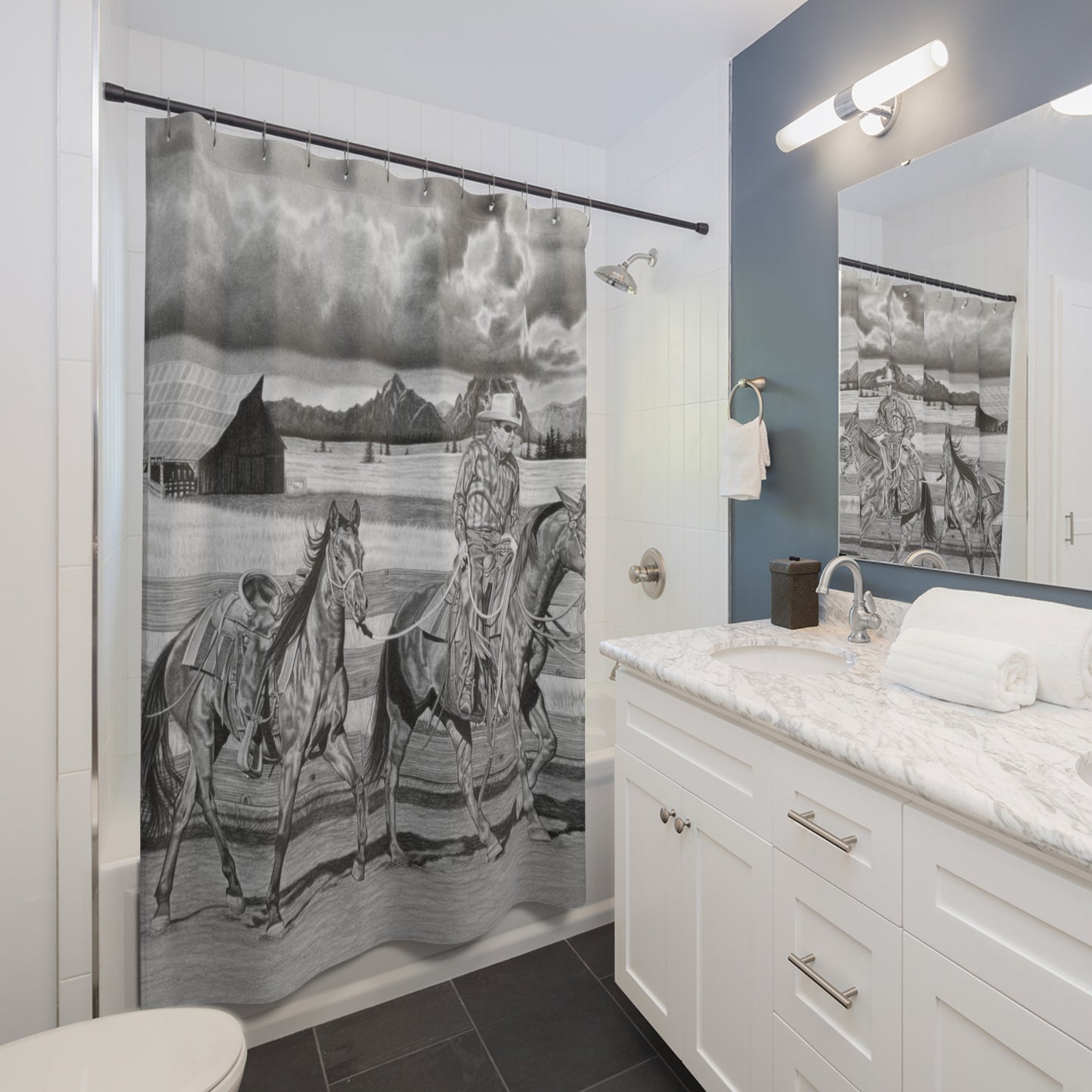 The Gift named Storm Shower Curtain — Western Ranch Black-and-White Bathroom Decor