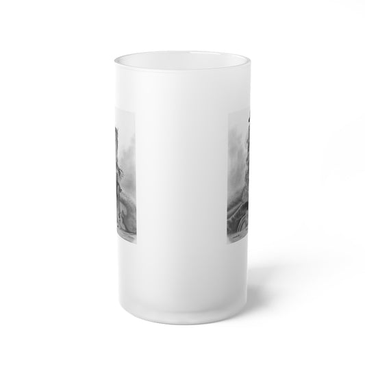 "Trouble Up Ahead" Frosted Glass Beer Mug with Vintage Art, Unique Gift for Beer Lovers, Perfect for Home or Bar, Great for Celebrations, Customizable