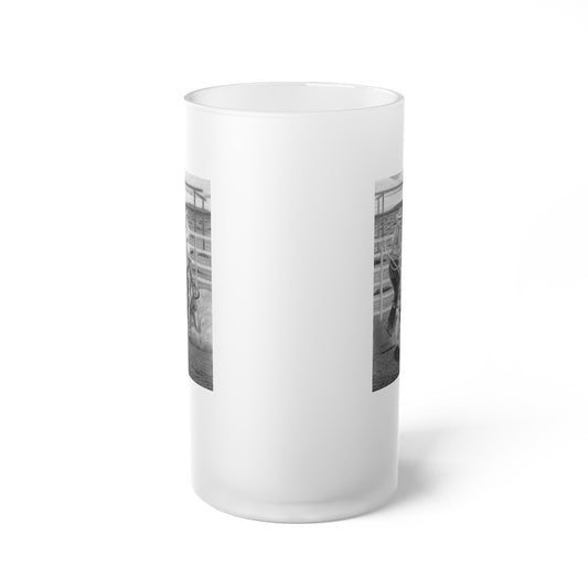 "Stone Cold Throw" Frosted Glass Beer Mug with Vintage Art, Unique Gift for Beer Lovers, Perfect for Home or Bar, Great for Celebrations, Customizable