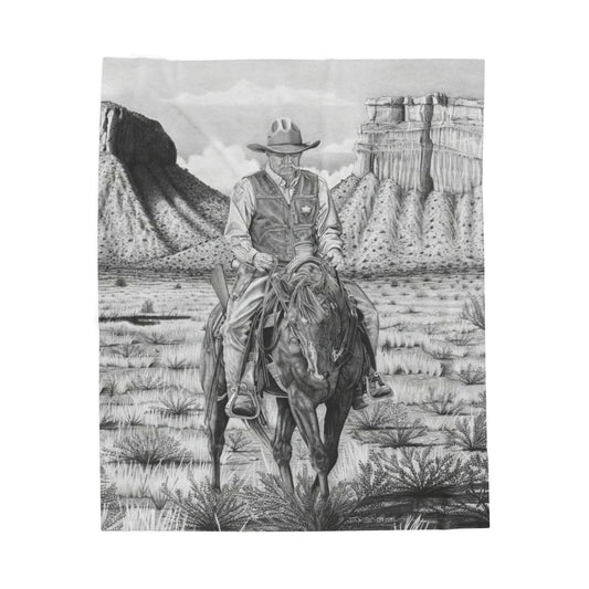 "On The Outlaw Trail " Cozy Cowboy Velveteen Plush Blanket | Western Decor, Gift for Horse Lovers, Camping Blanket, Soft Throw, Farmhouse Style
