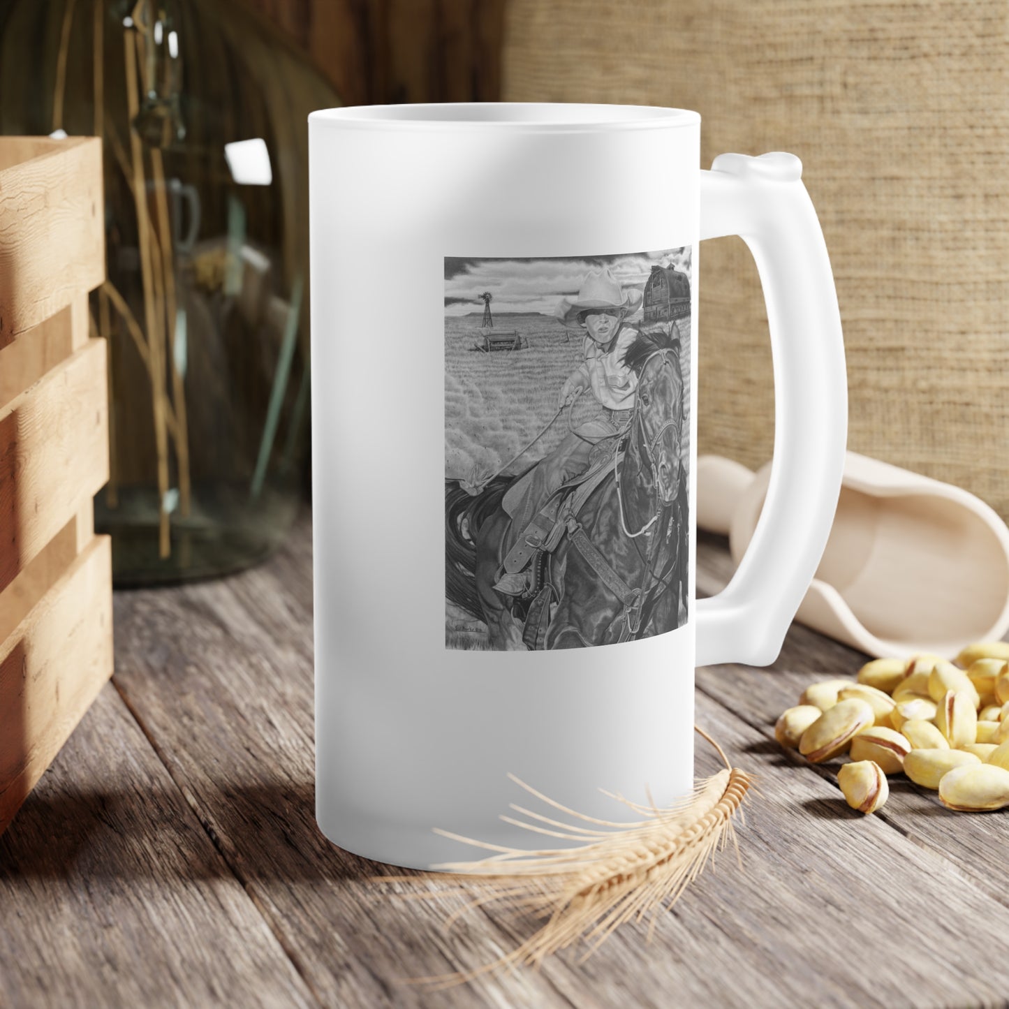 Frosted Glass Beer Mug with Vintage Art, Unique Gift for Beer Lovers, Perfect for Home or Bar, Great for Celebrations, Customizable