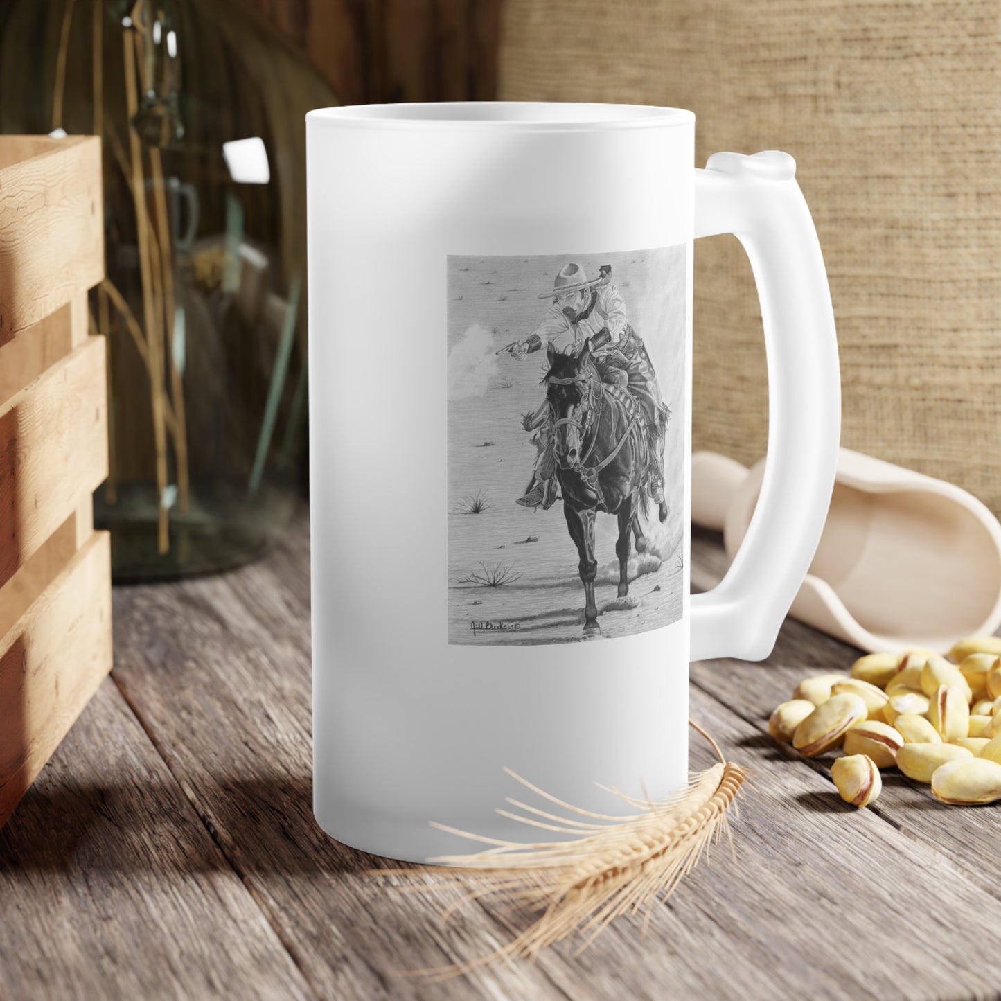 Frosted Glass Beer Mug with Vintage Art, Unique Gift for Beer Lovers, Perfect for Home or Bar, Great for Celebrations, Customizable