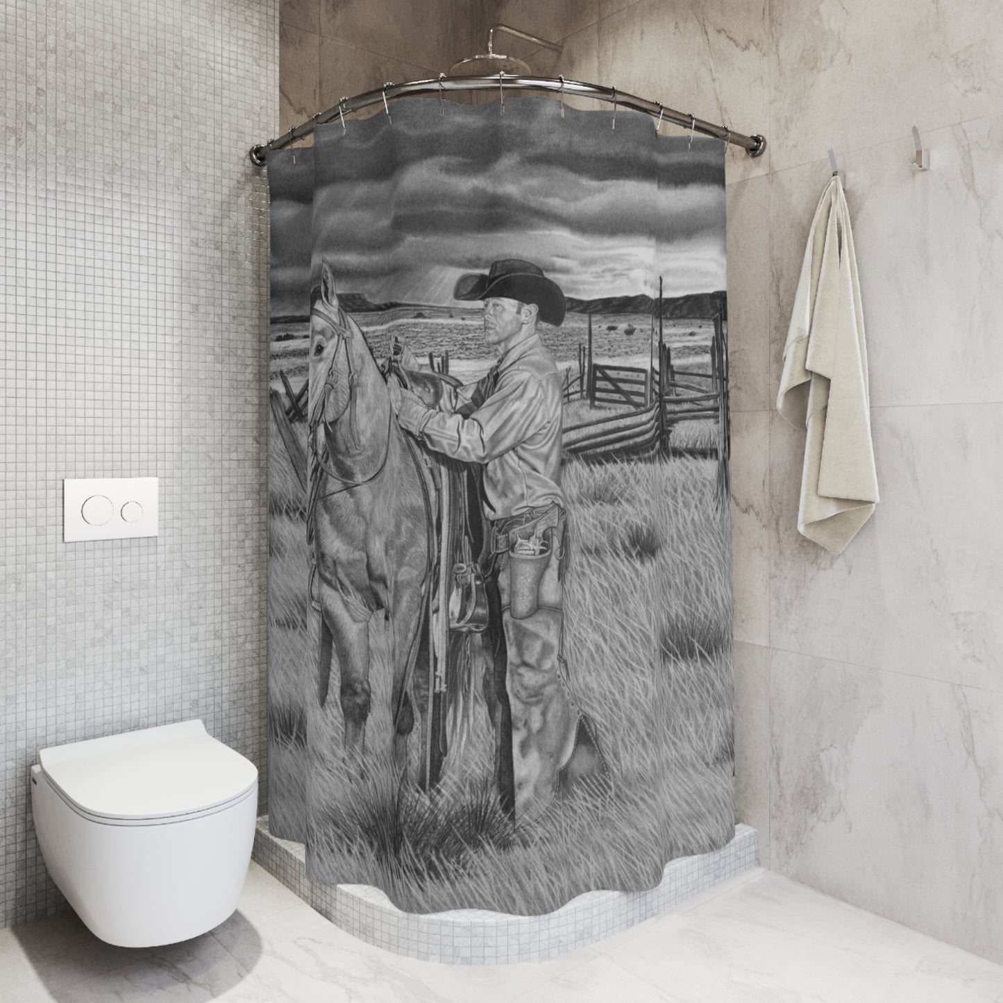 The Coming Storm  Shower Curtain — Western Ranch Black-and-White Bathroom Decor