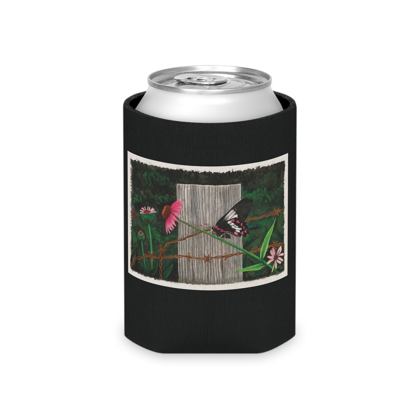 "Fence Post and Butterfly"   ,Rustic Cowboy Can Cooler, Western Beverage Sleeve, Outdoor Party Gear, Country-Themed Drink Holder, Ideal for BBQs & Tailgates