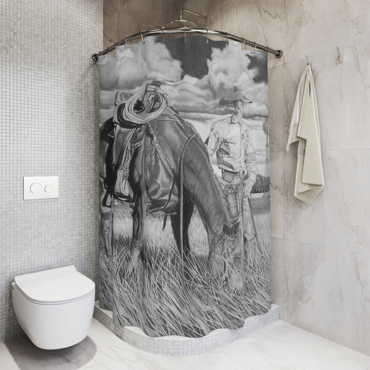 Young Cowboy dream Shower Curtain — Western Ranch Black-and-White Bathroom Decor