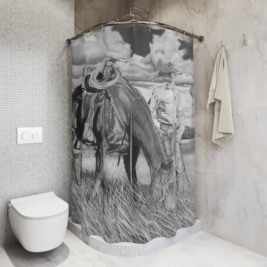 Young Cowboy dream Shower Curtain — Western Ranch Black-and-White Bathroom Decor