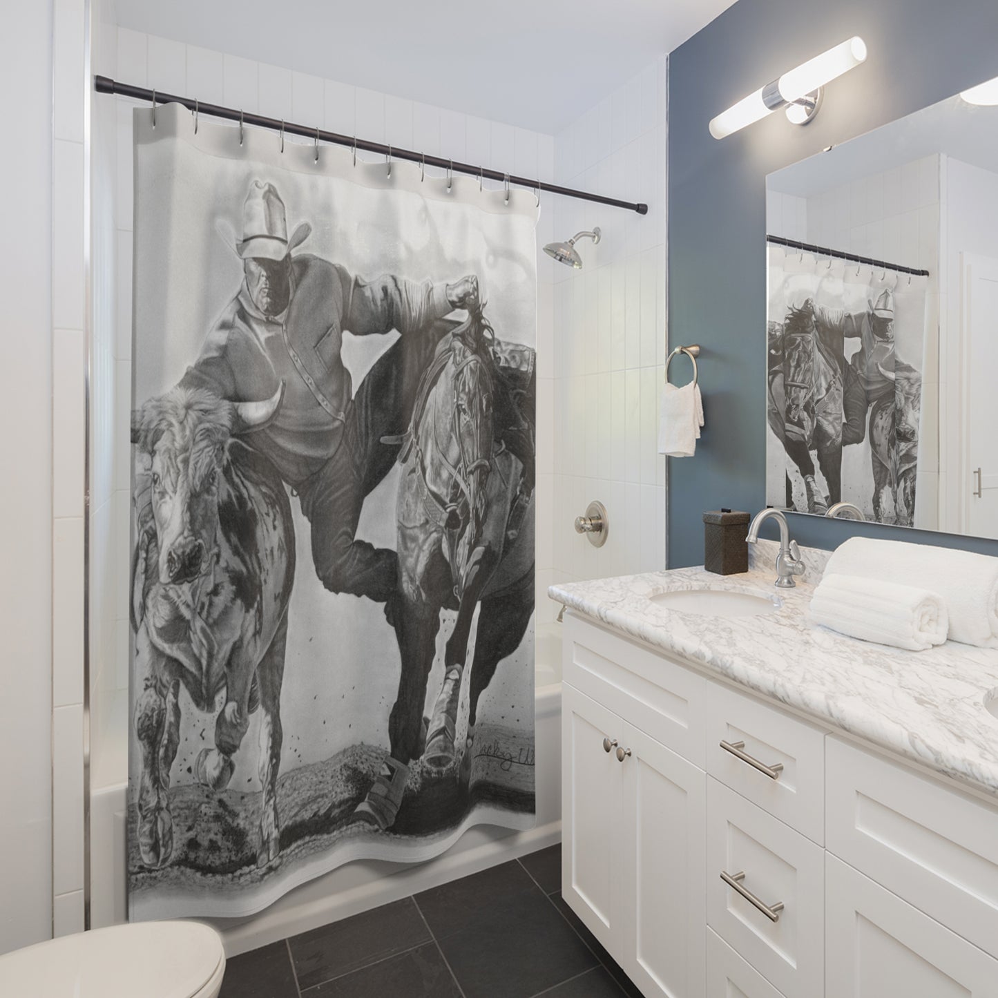 Cowboy Life #1 Shower Curtain — Western Ranch Black-and-White Bathroom Decor