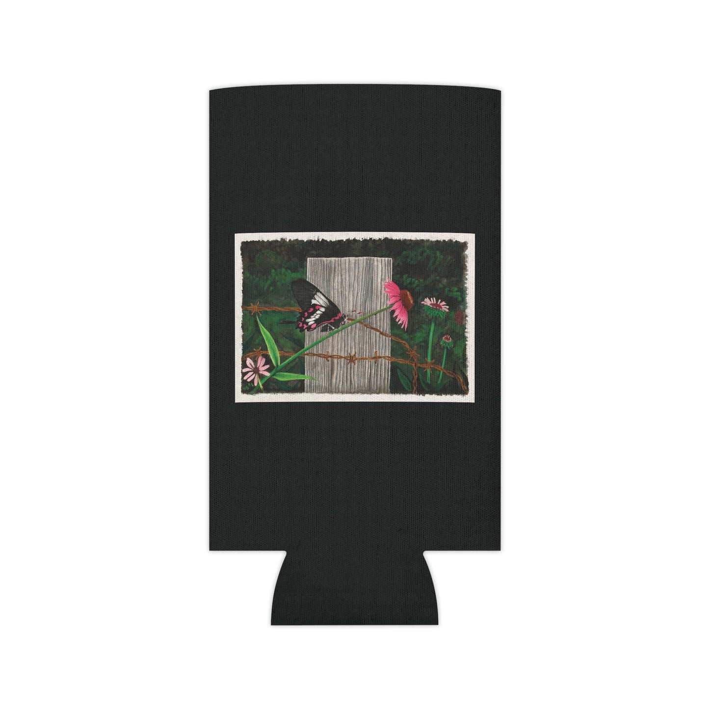 "Fence Post and Butterfly"   ,Rustic Cowboy Can Cooler, Western Beverage Sleeve, Outdoor Party Gear, Country-Themed Drink Holder, Ideal for BBQs & Tailgates