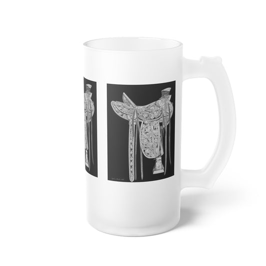 "New Saddle" Frosted Glass Beer Mug with Vintage Art, Unique Gift for Beer Lovers, Perfect for Home or Bar, Great for Celebrations, Customizable