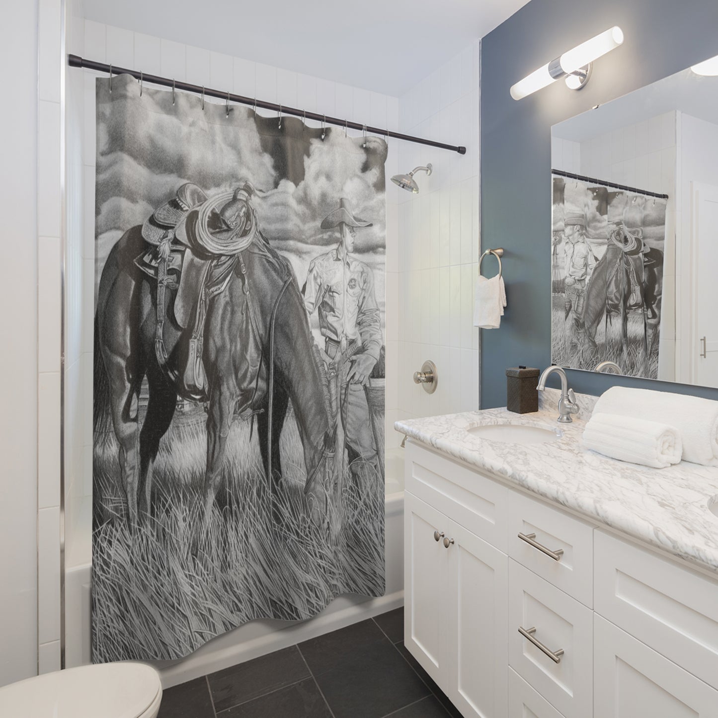 Young Cowboy dream Shower Curtain — Western Ranch Black-and-White Bathroom Decor