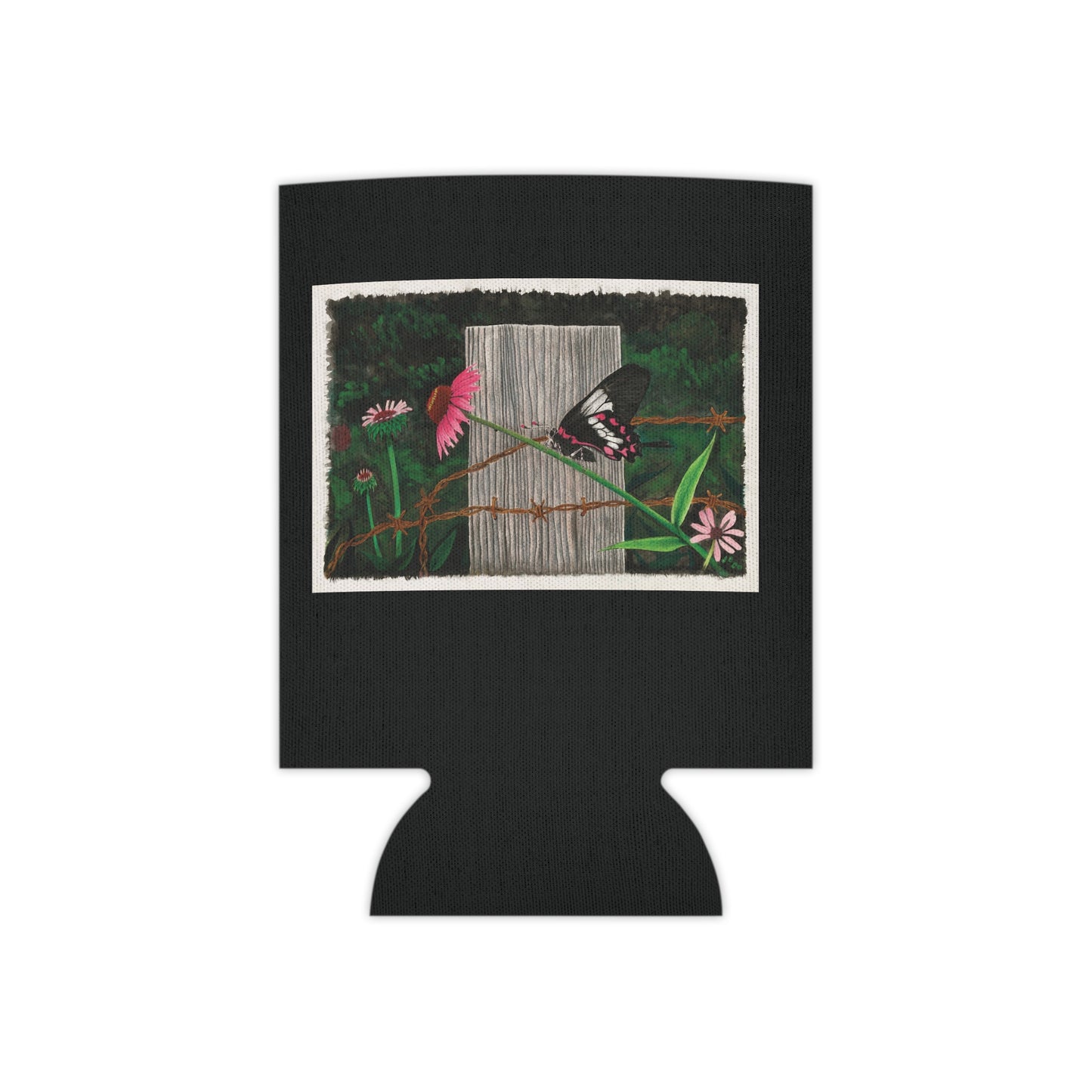 "Fence Post and Butterfly"   ,Rustic Cowboy Can Cooler, Western Beverage Sleeve, Outdoor Party Gear, Country-Themed Drink Holder, Ideal for BBQs & Tailgates