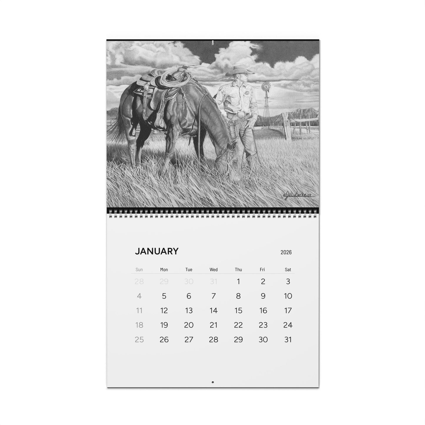 Western Cowboy Sketches Wall Calendar 2026, Horse Ranch Art Calendar