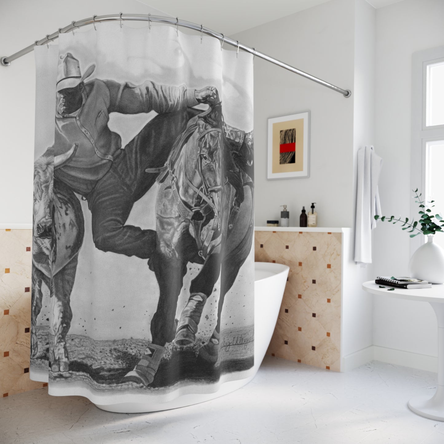 Cowboy Life #1 Shower Curtain — Western Ranch Black-and-White Bathroom Decor