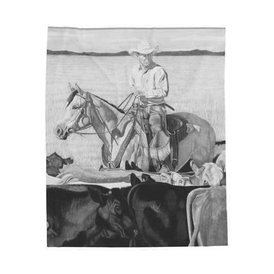 "Hot Day on the Job"   Cozy Cowboy Velveteen Plush Blanket | Western Decor, Gift for Horse Lovers, Camping Blanket, Soft Throw, Farmhouse Style