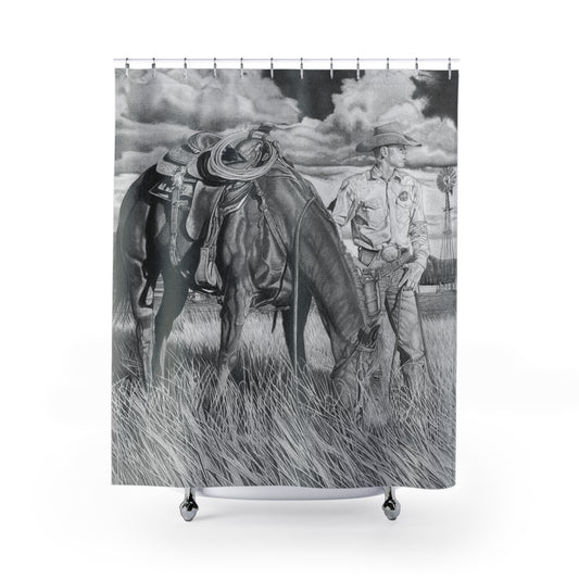 Young Cowboy dream Shower Curtain — Western Ranch Black-and-White Bathroom Decor