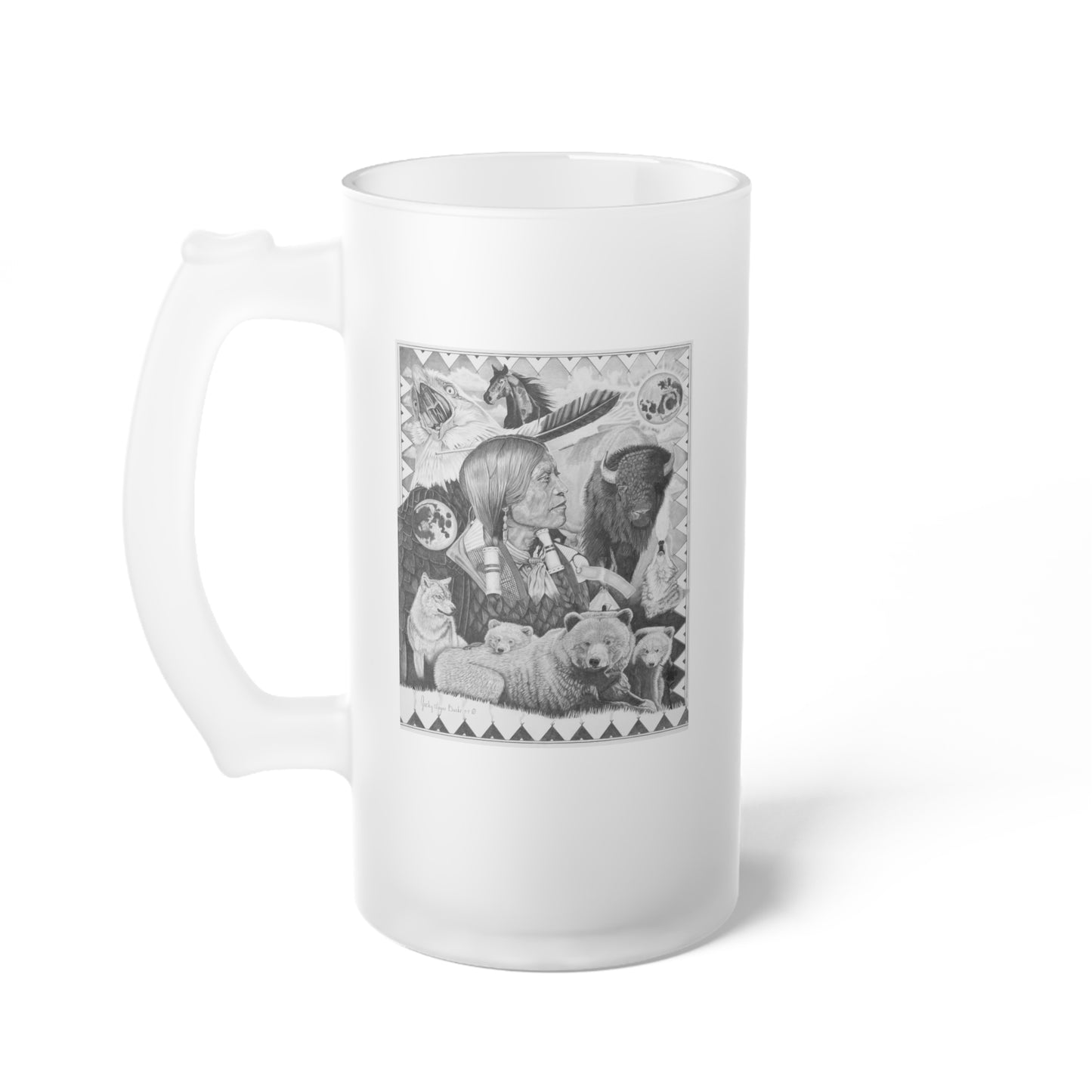 Frosted Glass Beer Mug with Vintage Art, Unique Gift for Beer Lovers, Perfect for Home or Bar, Great for Celebrations, Customizable