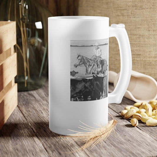 Frosted Glass Beer Mug with Vintage Art, Unique Gift for Beer Lovers, Perfect for Home or Bar, Great for Celebrations, Customizable