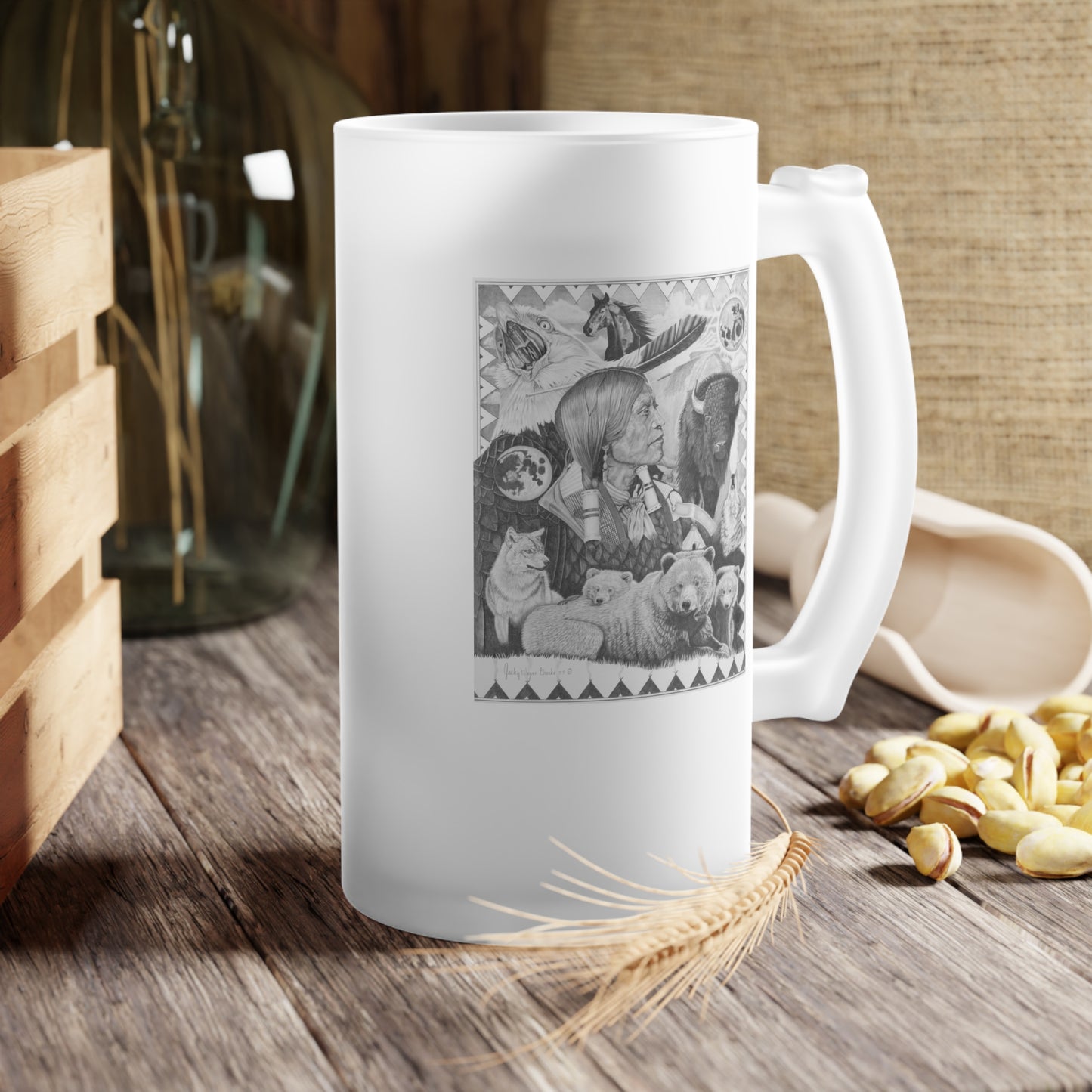 Frosted Glass Beer Mug with Vintage Art, Unique Gift for Beer Lovers, Perfect for Home or Bar, Great for Celebrations, Customizable